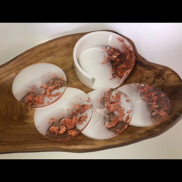Copper/Rose Gold & White Coaster Set With Holder - Picture 11 of 14
